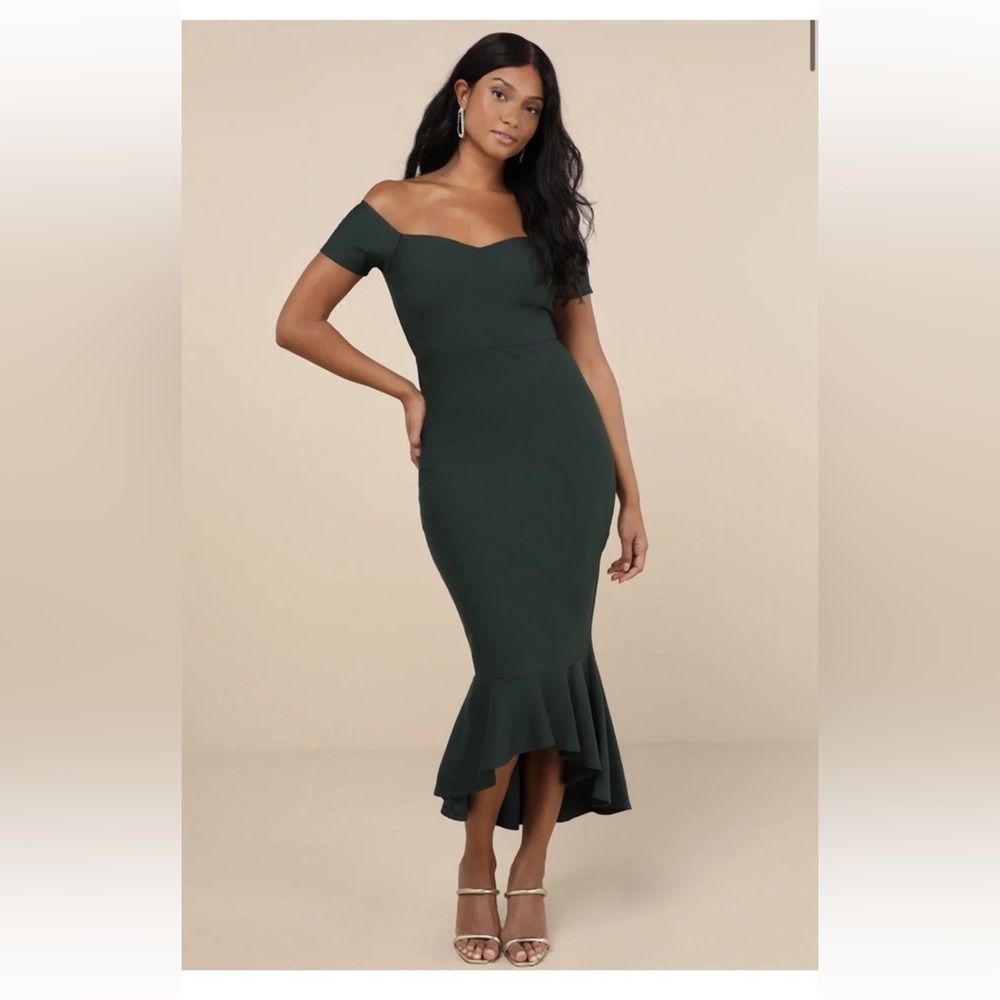 Lulus How Much I Care Off Shoulder Midi Dress Dark Green flare Mermaid Small